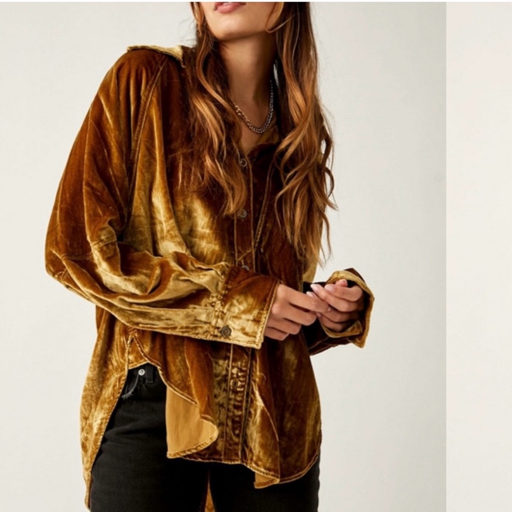 Free People Night Skies Velvet Gold Button-Up Shirt Top Size medium